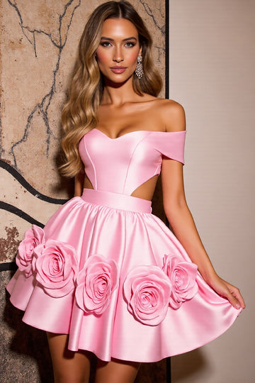 Off The Shoulder Pink Cut Out Homecoming Dress with 3D Flowers